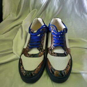 Gorotti Men’s Leather Sneakers – Blue & White w/ Brown Snakeskin Style Trim